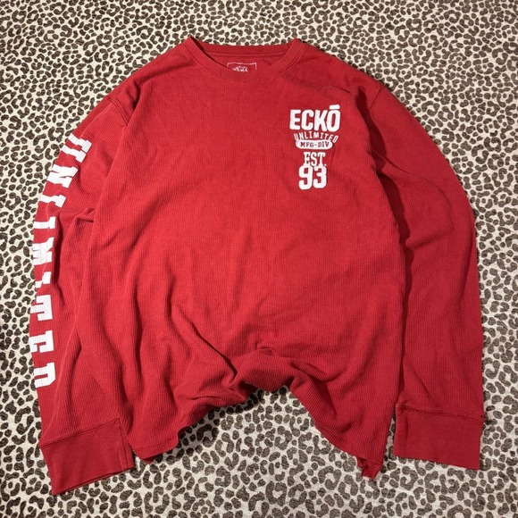Ecko Unltd Mens XL Thermal Shirt Red Waffle Knit Long Sleeve Graphic - Picture 3 of 9